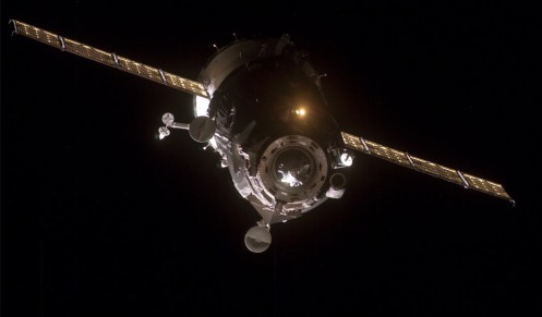The Soyuz 14 (TMA-10) spacecraft approaches the International Space Station