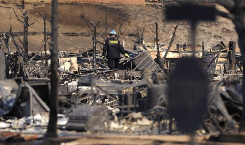 a coroners office investigator searches the oakridge mobile home community following a wildfire fueled by strong winds in the sylmar area of los angeles [November 16 2008]