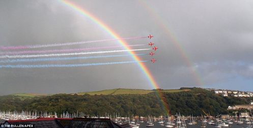 Double the fun - As the Red Arrows race through the rainbow, a second can be seen