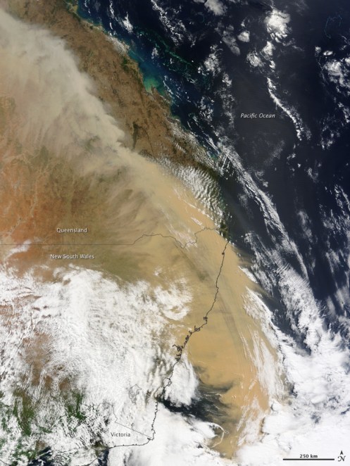 The above image is from NASA's Moderate Resolution Imaging Spectroradiometer (MODIS) on the Terra satellite. In the image, you can see the dust rising and heading east in plumes.
