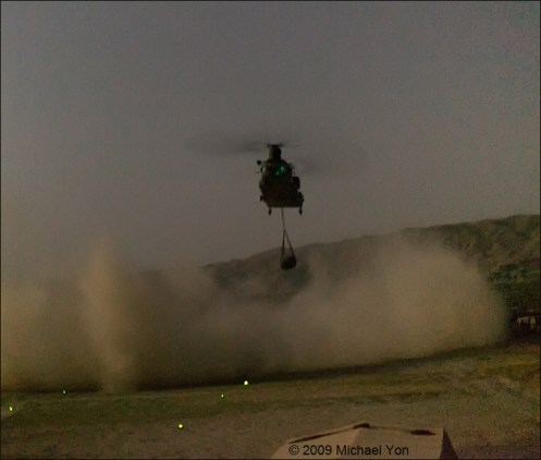 The pilot comes in fast, to the dark landing zone, lighted only by “Cyalumes,” which Americans call “Chemlights