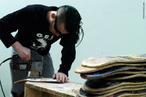 Designer Beto Janz reuses broken skateboard decks to produce skulls