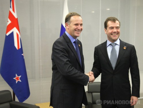 Russian President Dmitry Medvedev meets with New Zealand's Prime Minister John Key