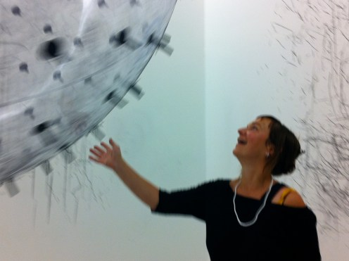 Annette Wolfsberger plays with ADA, the kinectic sculpture by Karina Smigla-Bobinski