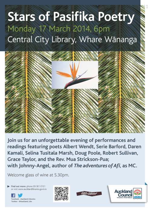STARS OF PACIFIC POETRY TONIGHT, MON 17 MARCH CITY LIBRARY 6PM.
