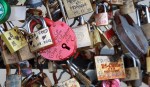 Some of the thousands of padlocks clipped by lovers onto the railings of the Pont des Arts bridge over the River Seine in&nbsp;Paris