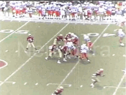 November 16, 1991 game between the Miami Hurricanes and the Florida State Seminoles. That defensive tackle — #94 — you see sacking the quarterback is none other than Dwayne 'The Rock' Johnson