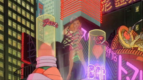 Akira (Katsuhiro Otomo 1988) - Neo Tokyo's neon and holographic signs.