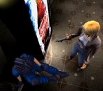 Aya chats with an injured SWAT team member beside a Coke machine in Parasite Eve&nbsp;2!